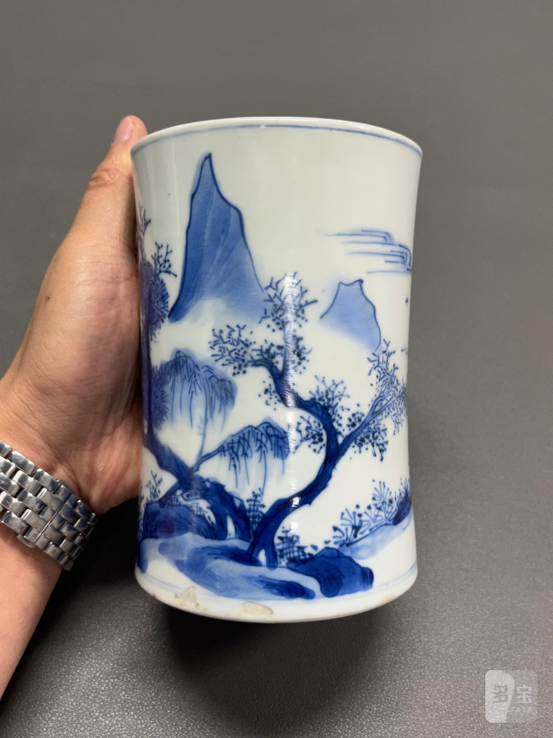 清康熙  青花踏雪寻梅图笔筒 - 图6